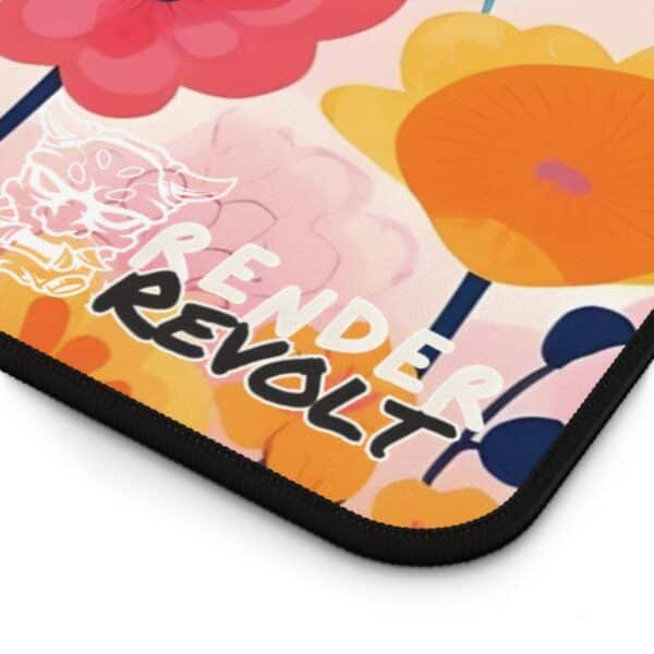 A close-up of the beige floral desk mat, highlighting the intricate floral details and the Render Revolt branding.