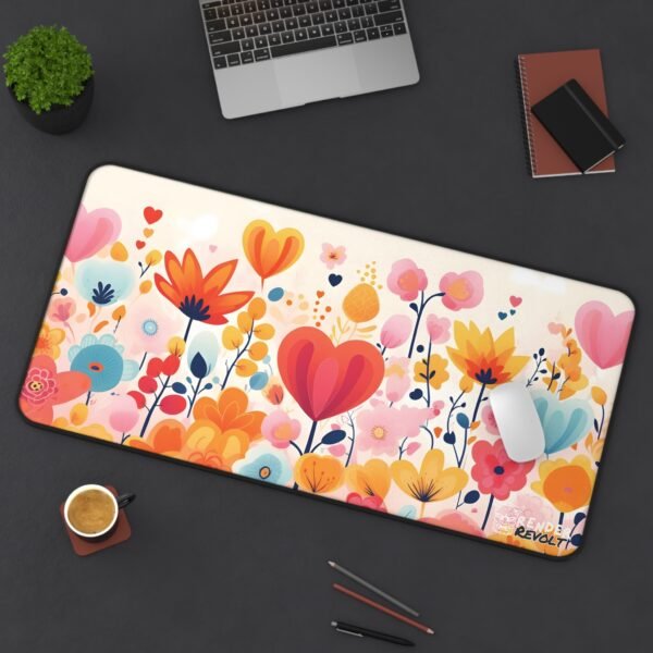 A desk mat with a bold, colorful heart and flower explosion on a black background, placed on a wooden desk with a monitor and accessories.
