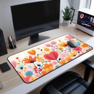 Love Meadow Desk Mat - A desk mat with a gradient sky blue background, filled with swirling floral and heart patterns, placed on a sleek desk with a computer setup.