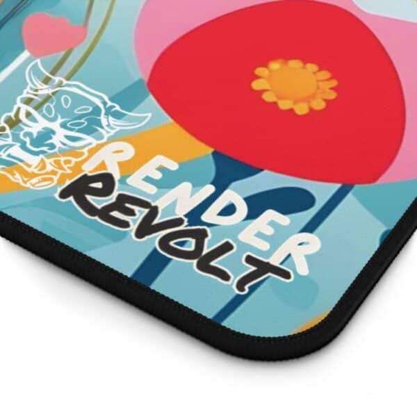 Close-up of the desk pad’s edge, showing a fabric texture with precise stitching. The printed design includes swirling blue waves and floral elements.