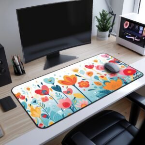 Love Sprouts Desk Mat - A spacious desk setup featuring a large floral desk pad with a white mouse on top. The background includes a monitor, a black desk surface, and a sleek modern workspace.