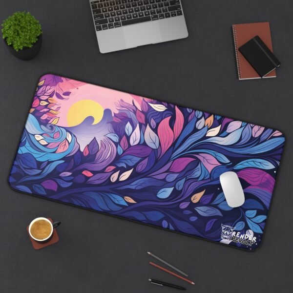 A large desk mat with a vibrant abstract floral design in pink, blue, yellow, and purple shades placed on a modern white desk. A curved monitor, a mechanical keyboard, and a gaming PC with RGB lighting are arranged around the mat.