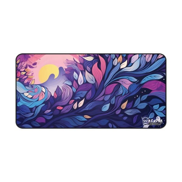 The same moonlit leaf-patterned desk mat laid flat, displaying its high-resolution artwork, intricate shading, and detailed elements resembling a mystical night sky.