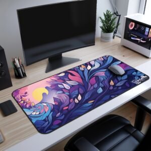 Lunar Bloom Desk Mat - A fantasy-inspired floral desk mat featuring a dreamy purple and blue leaf design under a soft glowing moon, placed on a clean, modern desk setup with a wireless mouse.