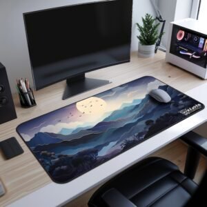 Lunar Horizons Desk Mat on a Desk setup with a moonlit mountain desk mat showcasing misty hills, glowing moon, and deep blue tones.