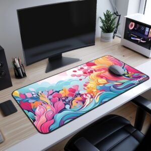Lush Radiance Desk Mat -A colorful abstract desk mat with swirling floral designs in pink, yellow, blue, and orange sits on a modern wooden desk with a curved monitor and gaming setup. A wireless mouse is placed on the mat, showing its large surface area.