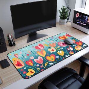 Meadow Amour Desk Mat - Overhead shot of a desk setup featuring a light-colored flower-themed desk mat with a smooth surface.