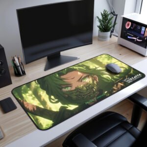 Meiko Emerald Desk Mat - A battle-ready character with striking green eyes and an intricate mask design printed on a gaming desk mat.