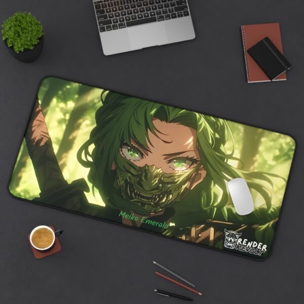 A large green desk pad featuring an intense warrior with green hair and a battle mask, placed on a sleek wooden desk with a monitor and gaming accessories.