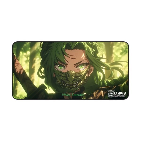 Meiko Emerald Desk Mat - Displaying a fierce green-haired character with a metallic face mask, set against a forest-like background