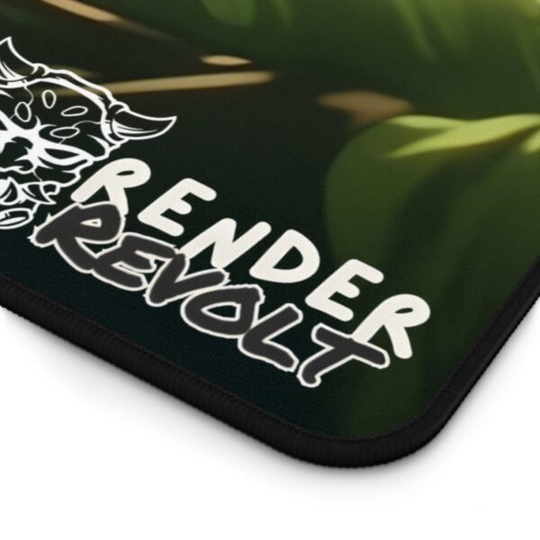A corner of the desk pad with "Render Revolt logo" printed on it with black and green background.