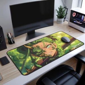 Meiko Emerald Oni Desk Mat - A gaming desk setup featuring a vibrant green-themed anime character with intense eyes on an extended mouse pad.