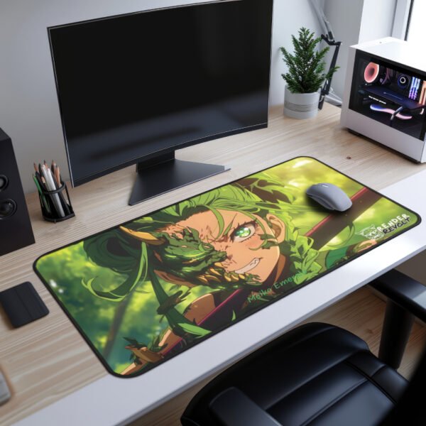 Meiko Emerald Oni Desk Mat - A gaming desk setup featuring a vibrant green-themed anime character with intense eyes on an extended mouse pad.