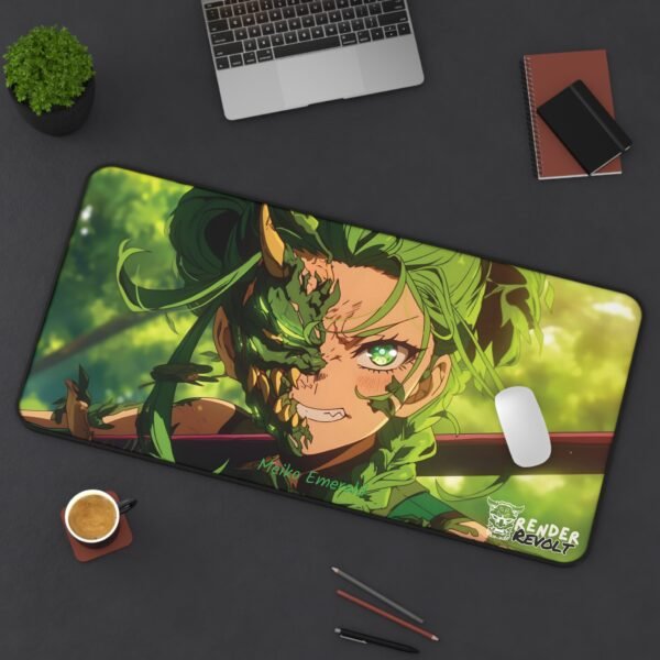 ull view of a desk mat displaying a fierce, half-masked warrior with green energy and a forest-like background.