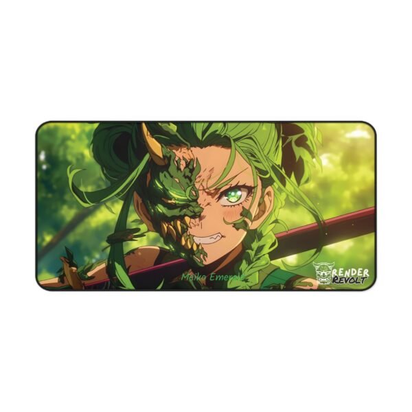 Overhead shot of a large desk mat featuring an anime warrior with half of their face covered in green armor.