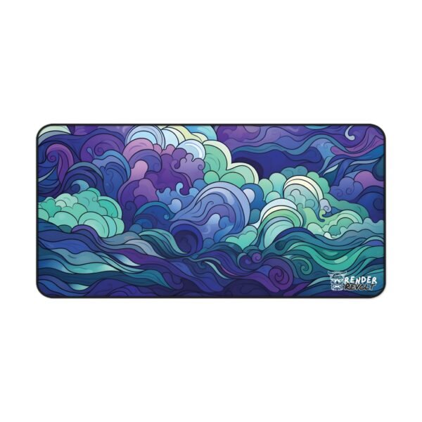 A detailed view of a desk mat featuring stylized waves in deep blue, purple, and teal hues with swirling cloud-like accents.