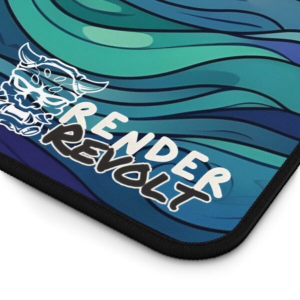 A close-up of a desk pad’s edge, displaying a blue and teal wave pattern with the "Render Revolt" logo in white.