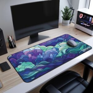 Midnight Waves Desk Mat - A sleek desk setup with a large curved monitor and a vibrant ocean-inspired desk mat featuring swirling blue and teal wave designs.
