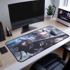 Mizo Demon Desk Mat - Gaming desk setup with a dark-themed anime desk pad displaying a fierce swordswoman in a black and silver outfit.