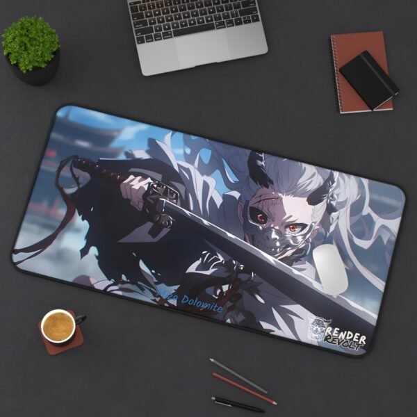 Large anime desk pad featuring a masked swordswoman in a dark cloak, wielding a katana in a misty battlefield for a dramatic and immersive design.