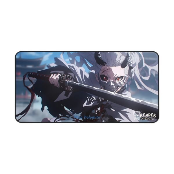 Anime desk mat featuring a masked warrior with glowing red eyes, gripping a katana in an intense battle stance.
