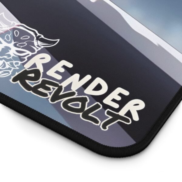 Detailed close-up of a high-quality gaming desk mat by Render Revolt, showing its smooth black edge stitching and premium fabric.