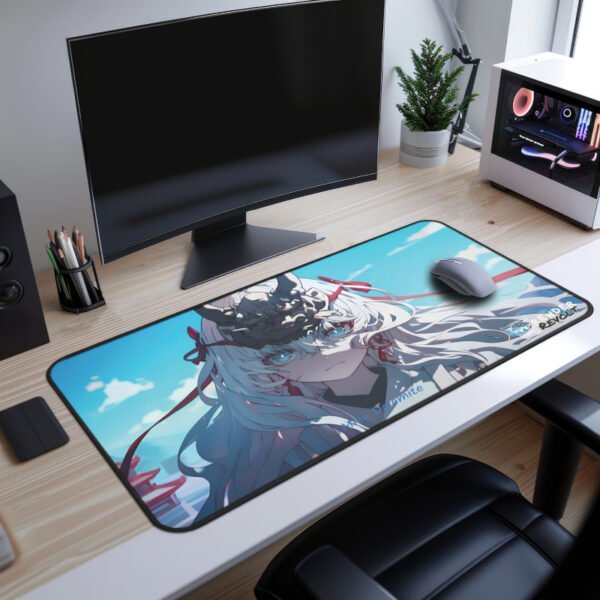 Flat lay of a dark-themed anime gaming mouse pad Mizo Dolomite Desk Mat - intense background.
