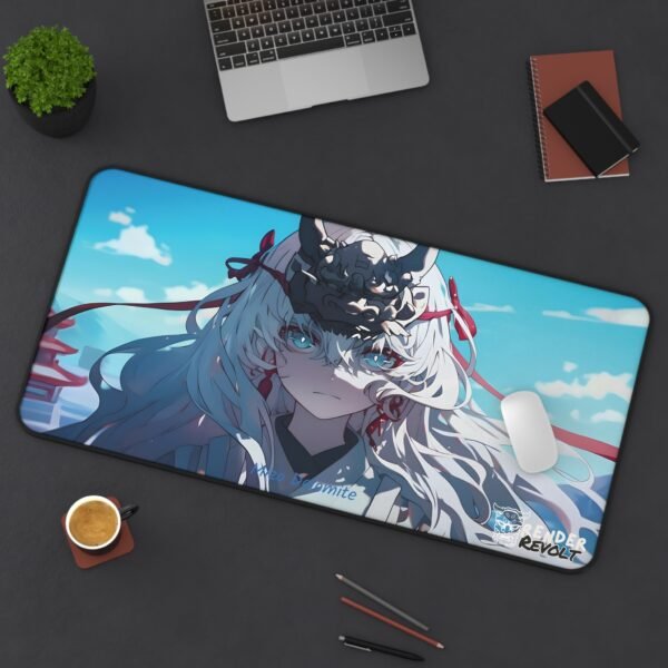 Full product shot of a stitched-edge anime desk pad featuring a powerful warrior with a dual-tone mask.