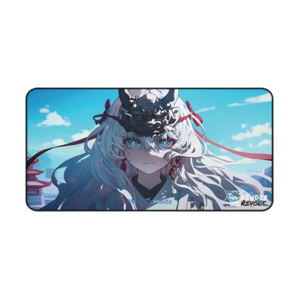Flat-lay of an anime-inspired desk mat with a white-haired warrior against a blue sky background.