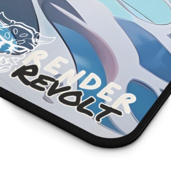 Close-up corner of a high-quality desk mat featuring an blue accents and detailed stitching with a logo..