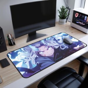 Mizo Enraged Desk Mat featuring a character with glowing blue horns, white hair, and an intense battle-ready expression.