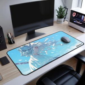 Mizo Oni Mask Desk Mat - Stylish workspace with a fantasy-themed desk pad featuring a mysterious character in white, their flowing hair merging with the sky.