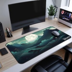 Moonlit Grove Desk Mat - Desk mat on a wooden desk featuring a sunset mountain landscape with vibrant orange and blue flowers, paired with a curved monitor and a white PC setup.