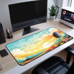 Morning Bliss Desk Mat Light pastel floral desk mat on a gaming desk, decorated with heart-shaped flowers and warm colors.