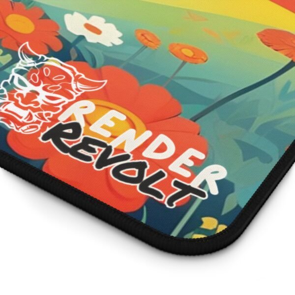 Zoomed-in shot of the Render Revolt logo on a dark floral gaming desk mat with high-quality stitching.