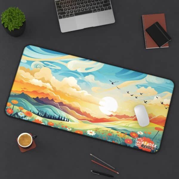 Morning Horizon Desk Mat - Deep navy floral mouse pad with heart blossoms, a colorful arrangement of flowers, and a whimsical theme.