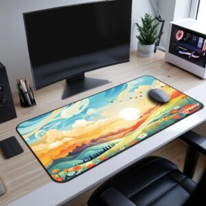 Morning Horizon Desk Mat - Gaming setup with a large navy blue floral desk mat, featuring bold heart flowers and intricate botanical details.