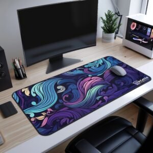Mystic Flora Desk Mat - Professional desk setup with a curved monitor, white gaming PC, and a deep blue wave-patterned desk mat.