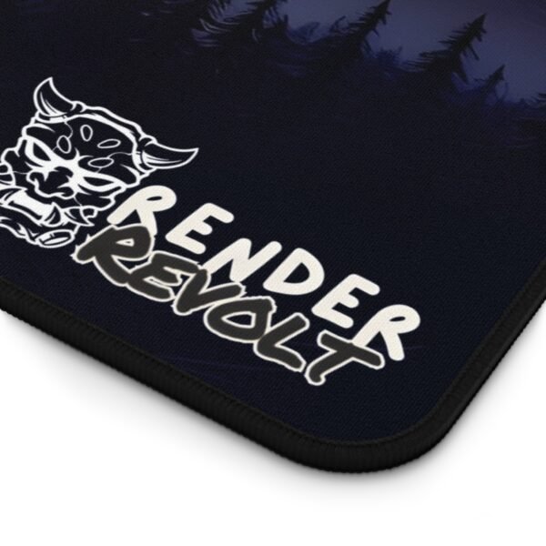 A zoomed-in shot of the "Render Revolt" logo on the bottom right corner of the floral desk mat.