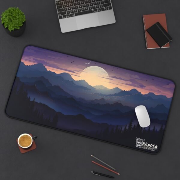 Floral desk mat on dark desk with laptop, notebook, and coffee.