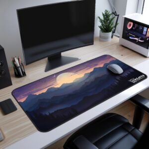 Mystic Horizon Desk Mat - a dark blue floral desk mat with full moon in the horizon and the mat sitting under a curved monitor, a gray mouse, and a sleek workspace environment.