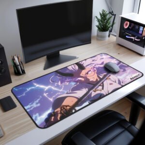 Nami Enraged Desk Mat - Gaming desk setup featuring a large anime desk mat with a warrior gripping a sword under a stormy sky filled with lightning.