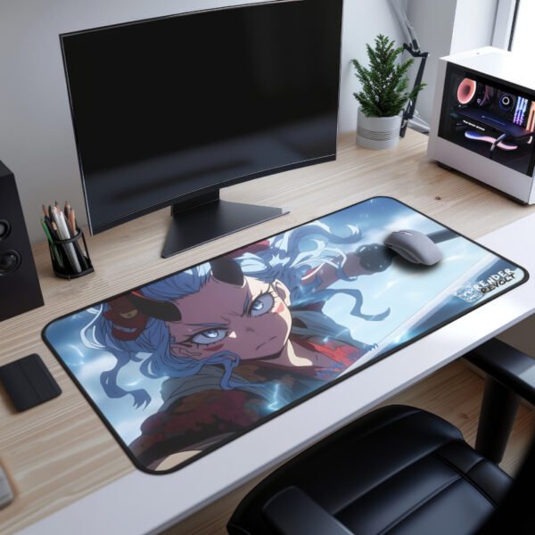 Nami Red Oni Desk Mat - Modern desk setup with an anime-inspired desk mat featuring a fierce female warrior with blue hair, sharp eyes, and a dynamic battle stance.