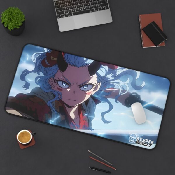 Oversized anime desk pad with a blue-haired warrior gripping a sword, set against a mystical stormy background for a dramatic effect.