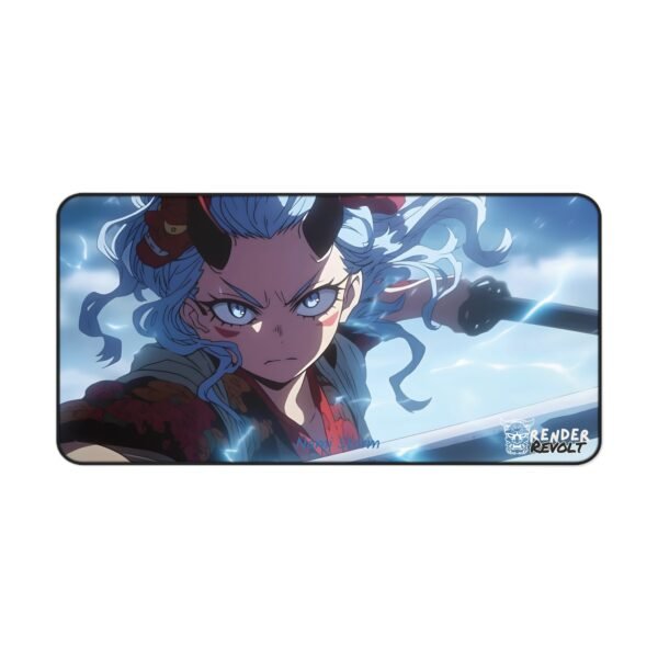 Anime gaming desk pad featuring a warrior with glowing horns and lightning effects, set against a dark stormy battlefield for an intense aesthetic.