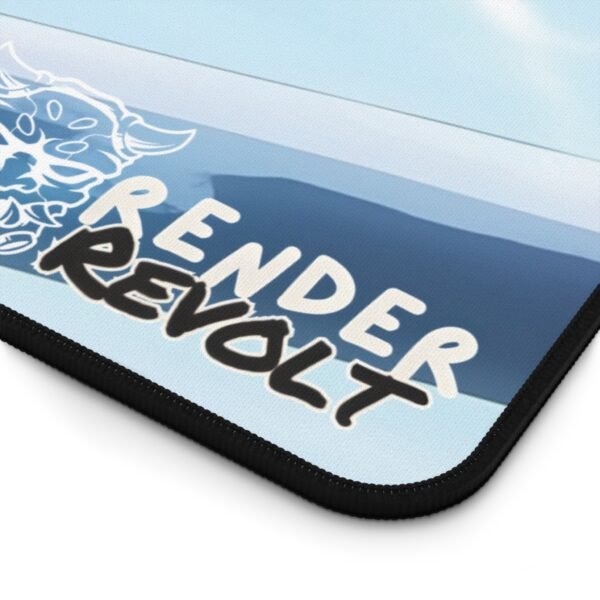 Close-up of a high-quality gaming desk mat from Render Revolt, showing the brand logo and a smooth stitched edge for durability.