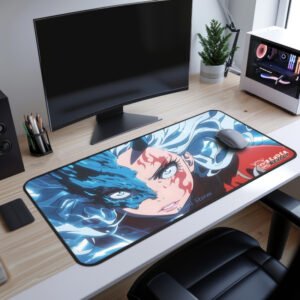 Nami Storm Desk Mat - Modern desk setup with a dynamic anime mouse pad featuring a blue-haired character with half a dragon mask, glowing eyes, and a fiery design.