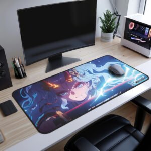 Nami Stormblade Desk Mat - Stylish gaming workstation with a battle-themed anime desk mat, showcasing an electrifying sword-wielding character with a determined expression.