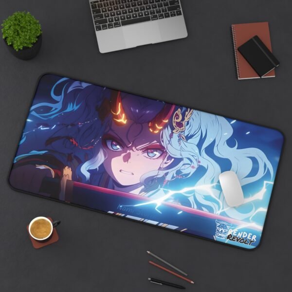 Zoomed-in shot of a Render Revolt anime mouse pad, highlighting the blue stormy background, stitched edges, and premium design quality.