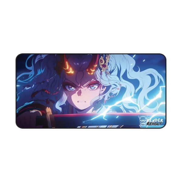 Fantasy-inspired extended desk pad with an anime swordswoman surrounded by lightning and fire, creating an immersive battle-ready design.